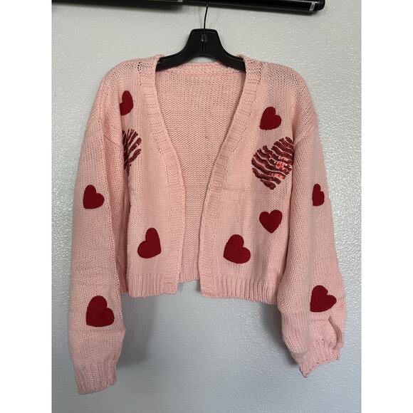 Heart Cardigan Sweaters Long Sleeve Open Front Knit Cardigan Size L - Picture 1 of 4